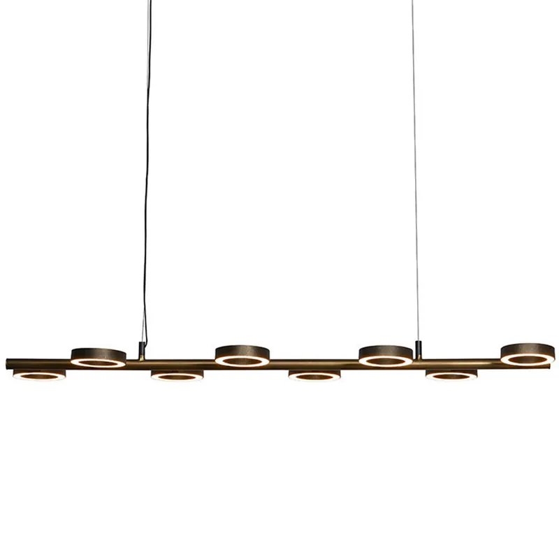 Lange Balken-Hängeleuchte ARIO 8 mit LED-Ringen schöner Messing-Patina Markenware
