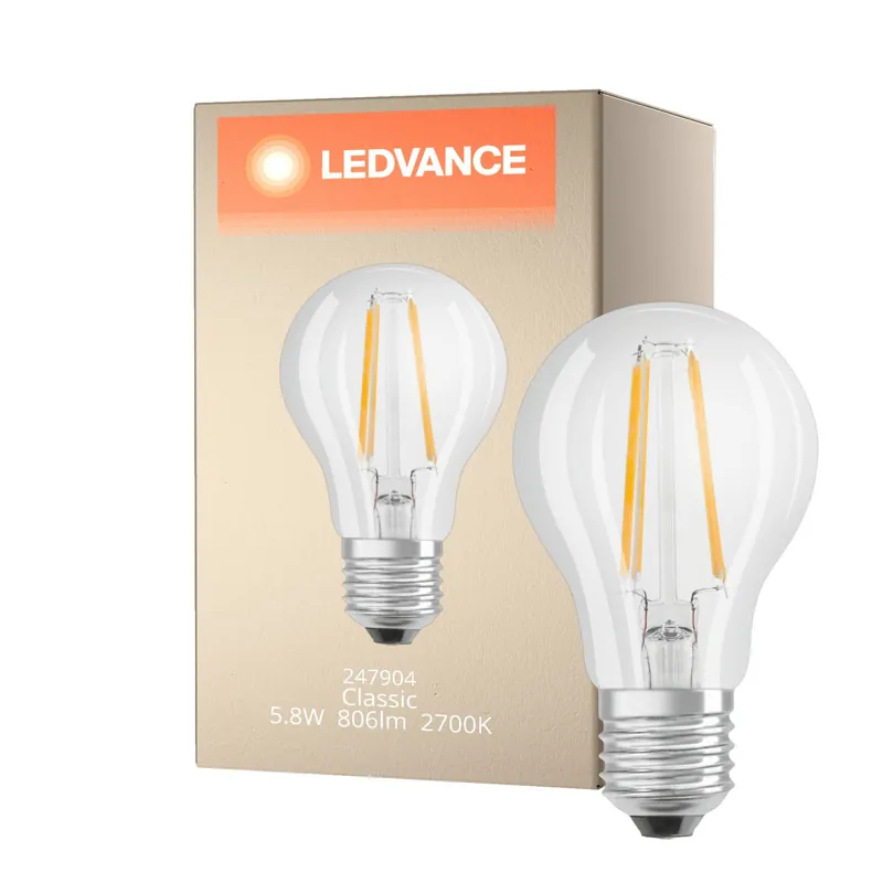 Neuheit Ledvance Classic LED E27 Birne Fadenlampe Klar 5.8W 806lm - 927 Extra Warmweiß | Höchste Farbwiedergabe - Dimmbar - Ersatz für 60W