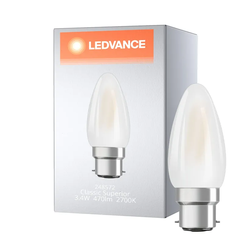Markenprodukt Ledvance Classic Superior LED Glühbirne B22d Kerze Fadenlampe Matt 3.4W 470lm - 927 Extra Warmweiß | Höchste Farbwiedergabe - Dimmbar - Ersatz für 40W