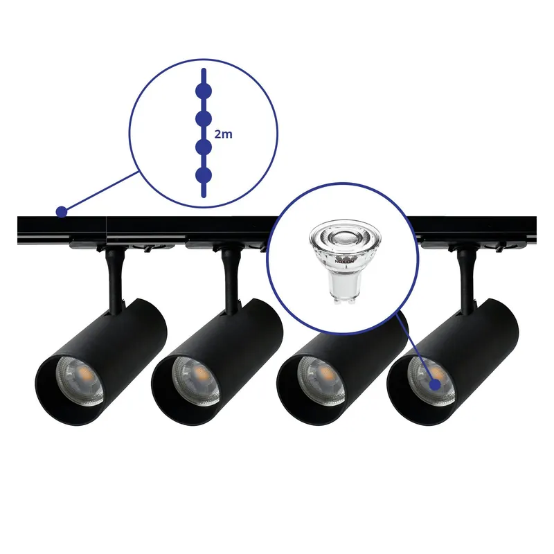 Bright Choice Komplettset 1-Phasen Rail 2 Meter Schwarz | incl. 4x Spot + GU10 2700K 3W Dimmbar + Abschlusskappe, Stromanschluss und I-Verbinder Beliebt