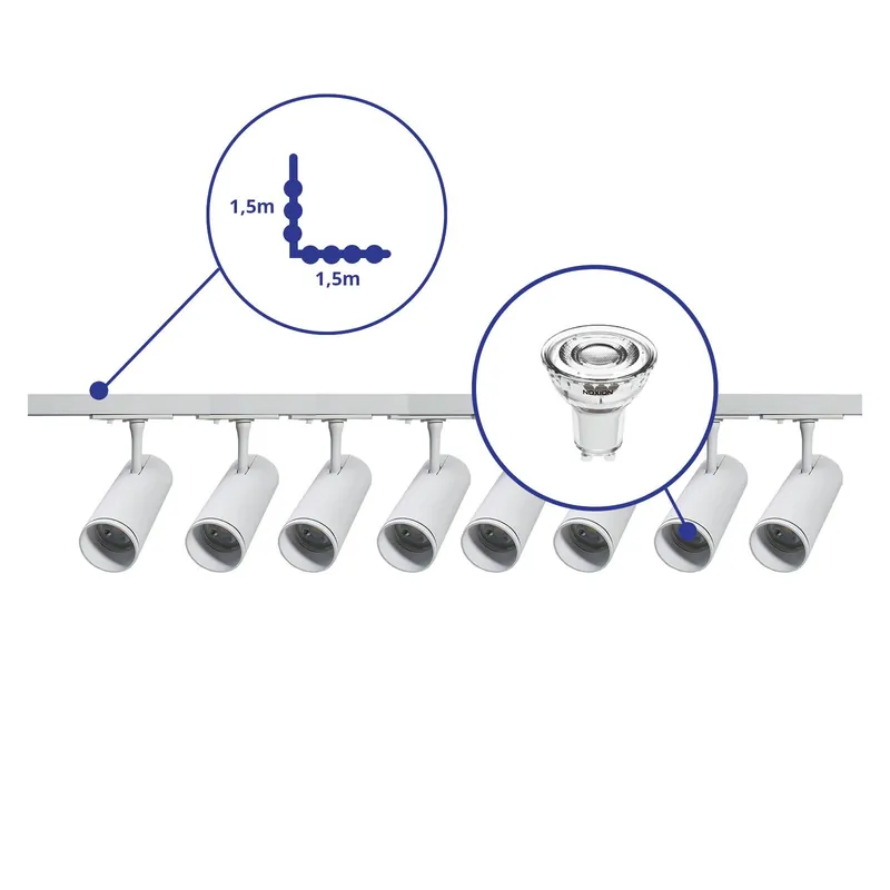 Neu Im Sortiment Bright Choice Komplettset 1-Phasen Rail L 1,5 x 1,5 Meter Weiß | incl. 8x Spot + GU10 2700K 3W Dimmbar + Abschlusskappe, Stromanschluss und L -Verbinder
