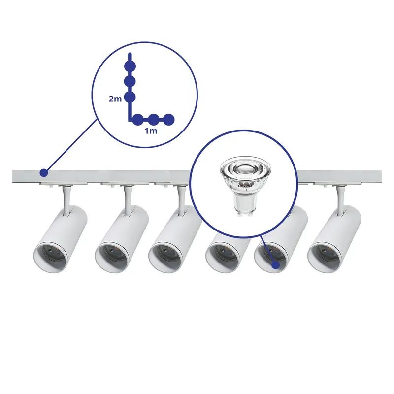 Schneller Versand Bright Choice Komplettset 1-Phasen Rail L 1 x 2 Meter Weiß | incl. 6x Spot + GU10 2700K 3W Dimmbar + Abschlusskappe, Stromanschluss und L -Verbinder