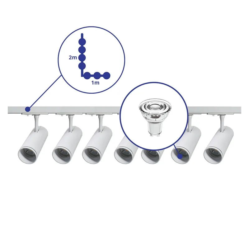 Begrenztes Angebot Bright Choice Komplettset 1-Phasen Rail L 1 x 2 Meter Weiß | incl. 7x Spot + GU10 2700K 3W Dimmbar + Abschlusskappe, Stromanschluss und L -Verbinder